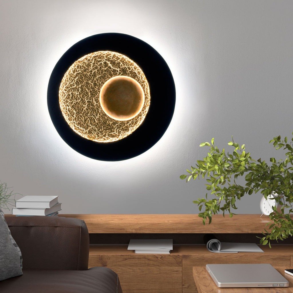 LED vegglampe Urano dimbar jern mørkebrun/gull Ø85 cm nærbilde av tekstur