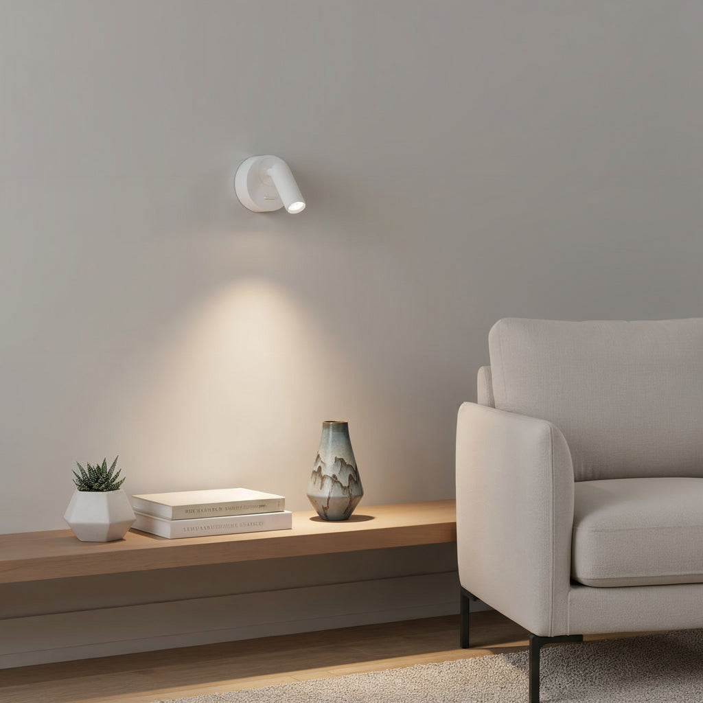 LED veggspot Bean Round hvit metall svingbar med bryter detalj