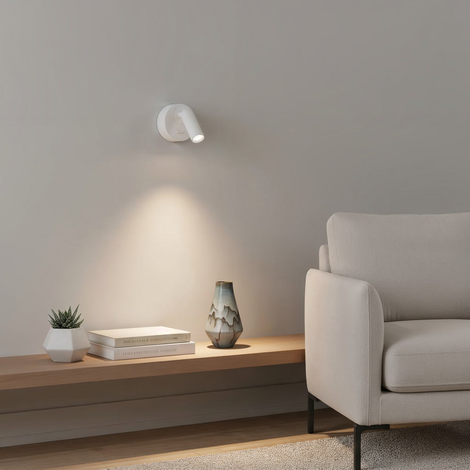 LED veggspot Bean Round hvit metall svingbar med bryter detalj
