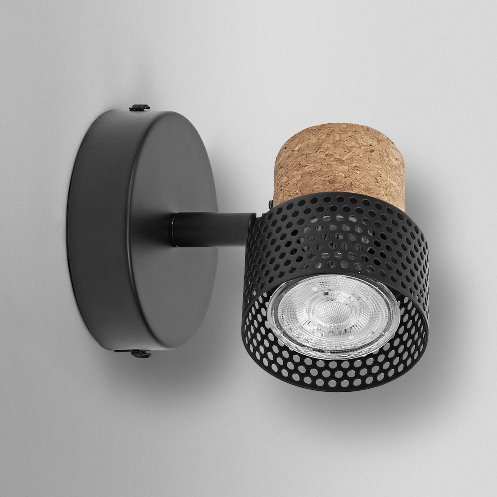 LED veggspot Cork 1-lys svart kork dimbar GU10 OSRAM detalj av korkdetaljer