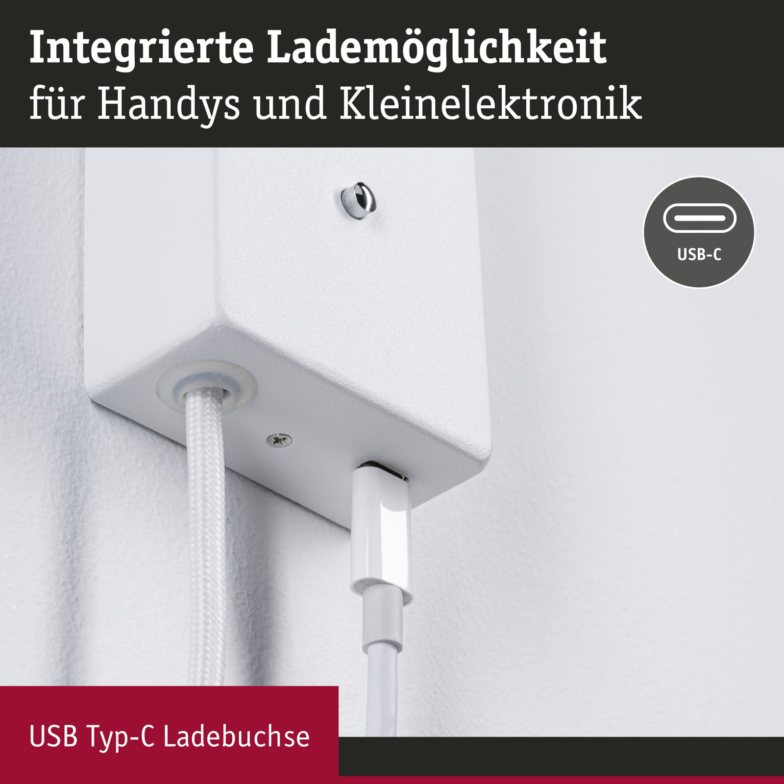 LED veggspot Hulda hvit med USB-C nærbilde av USB-port