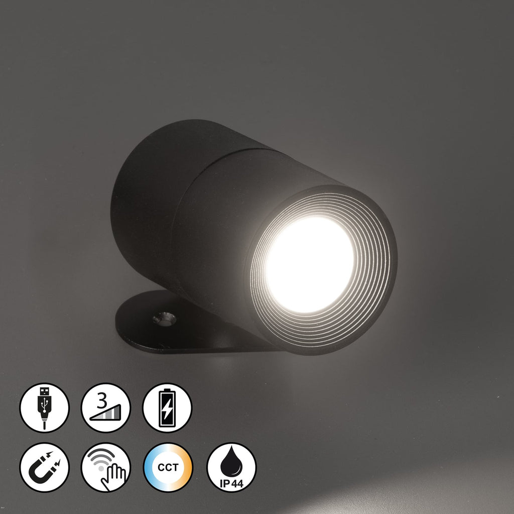 Detalj av LED veggspot Magnetic oppladbar svart dimbar CCT IP54