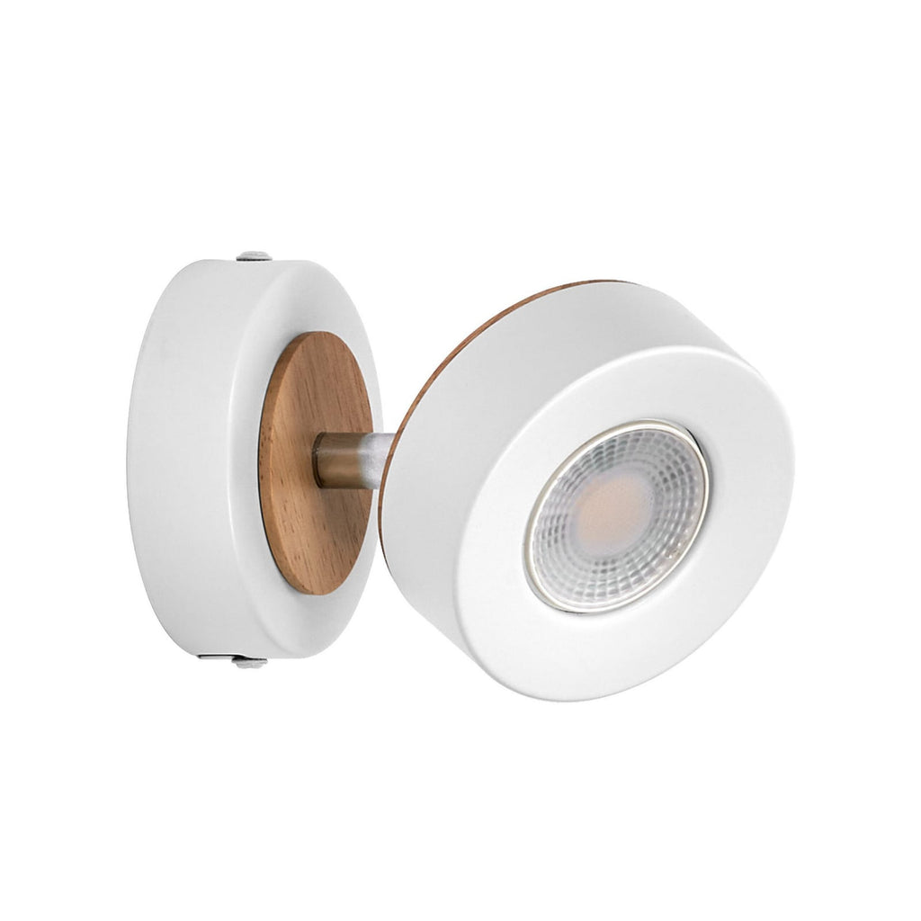 LED veggspot Pluto hvit metall og tre forfra