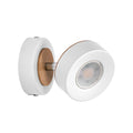 LED veggspot Pluto hvit metall og tre forfra
