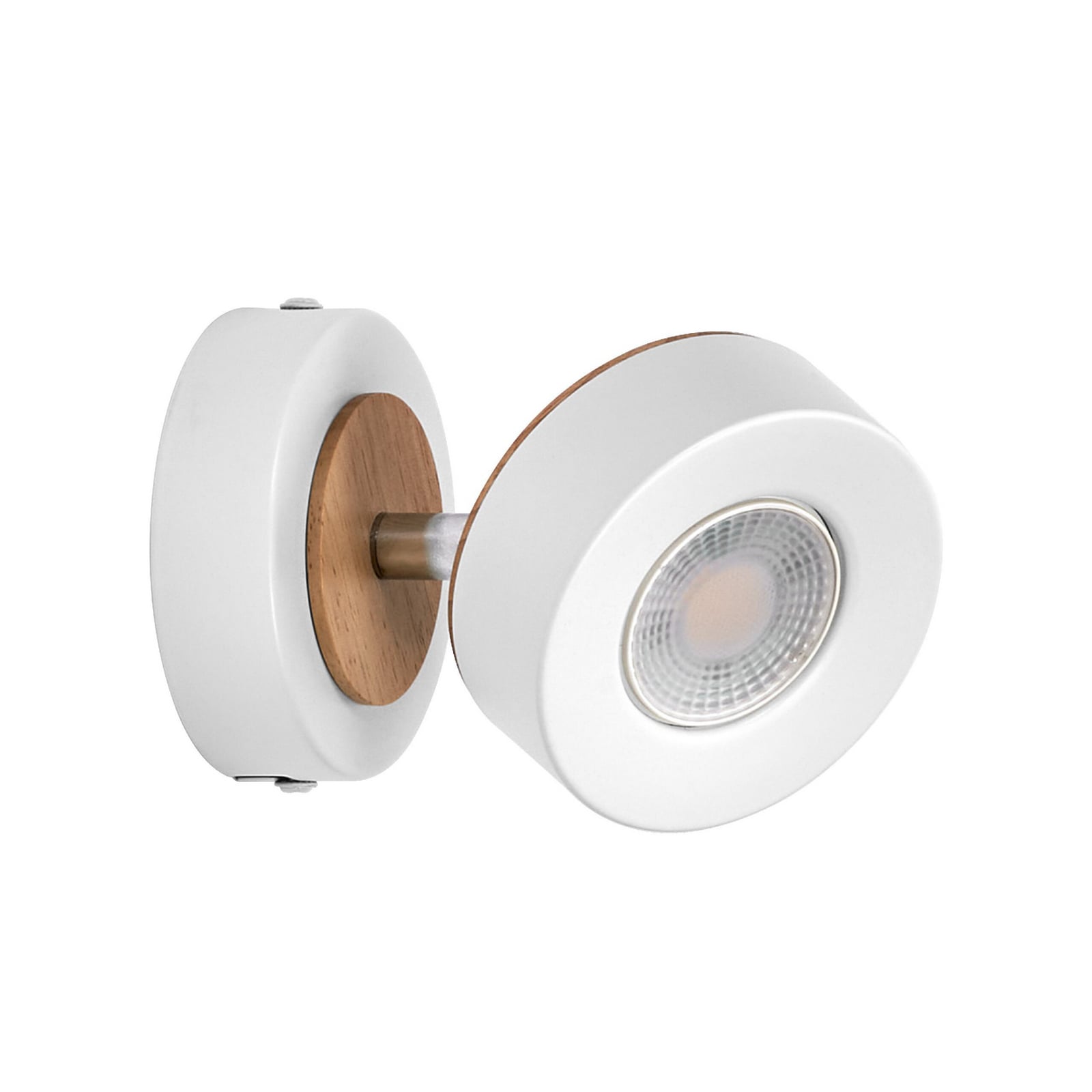 LED veggspot Pluto hvit metall og tre forfra