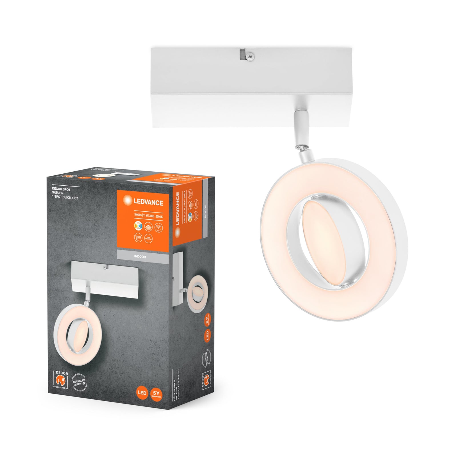 LED veggspot Saturn CCT hvit med bryter 11W LEDVANCE sideprofil
