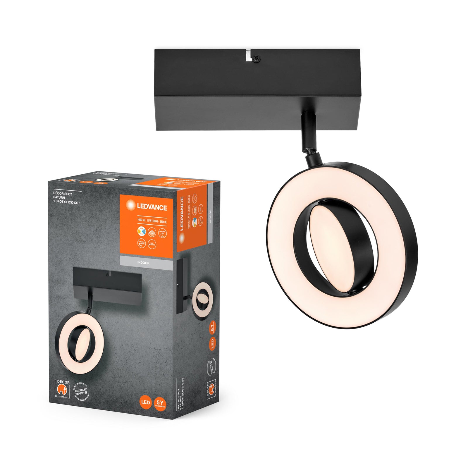 Montert LED veggspot Saturn CCT svart med bryter 11W LEDVANCE i rom