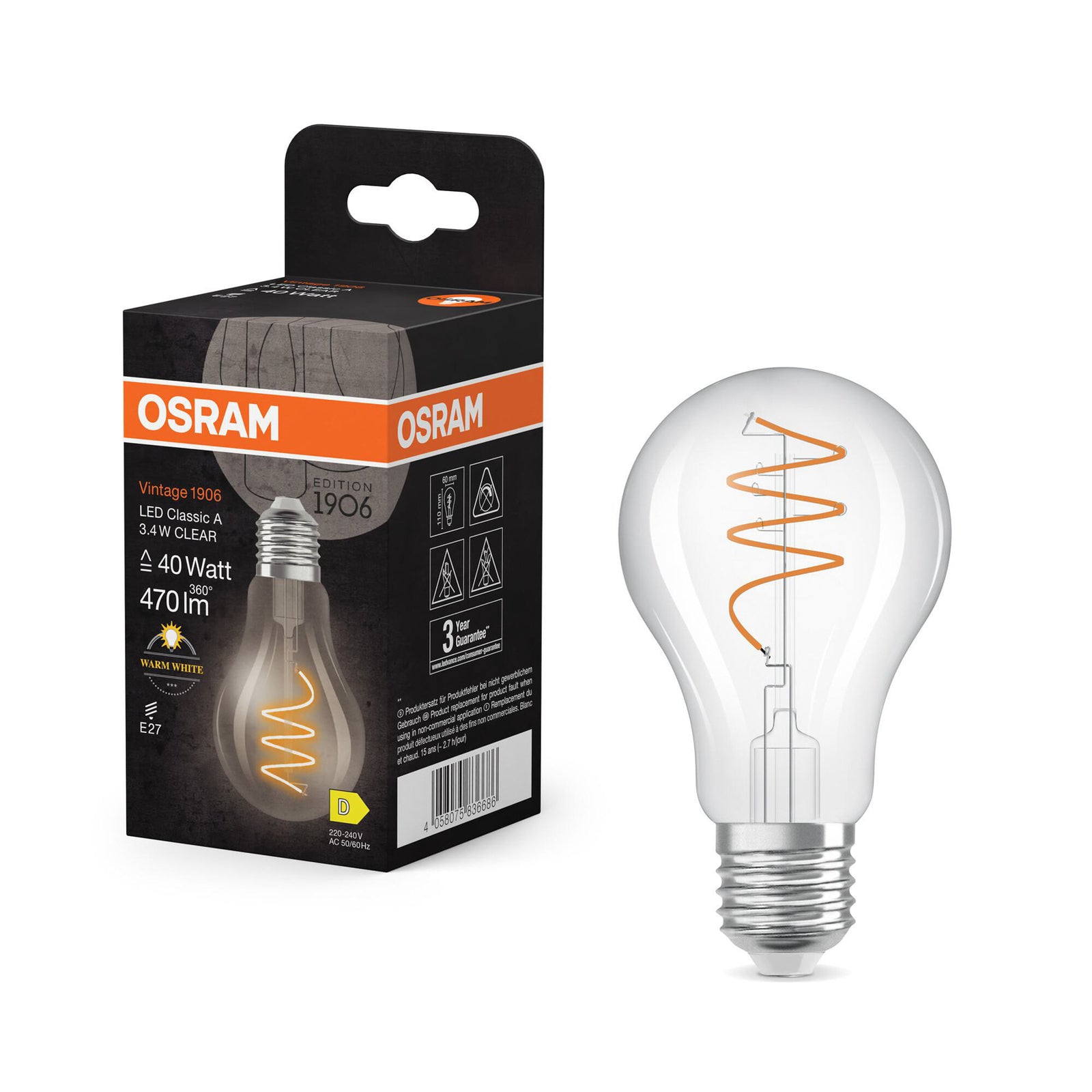LED vintage filamentpære E27 3,4W 2700K klar spiral nærbilde av filament
