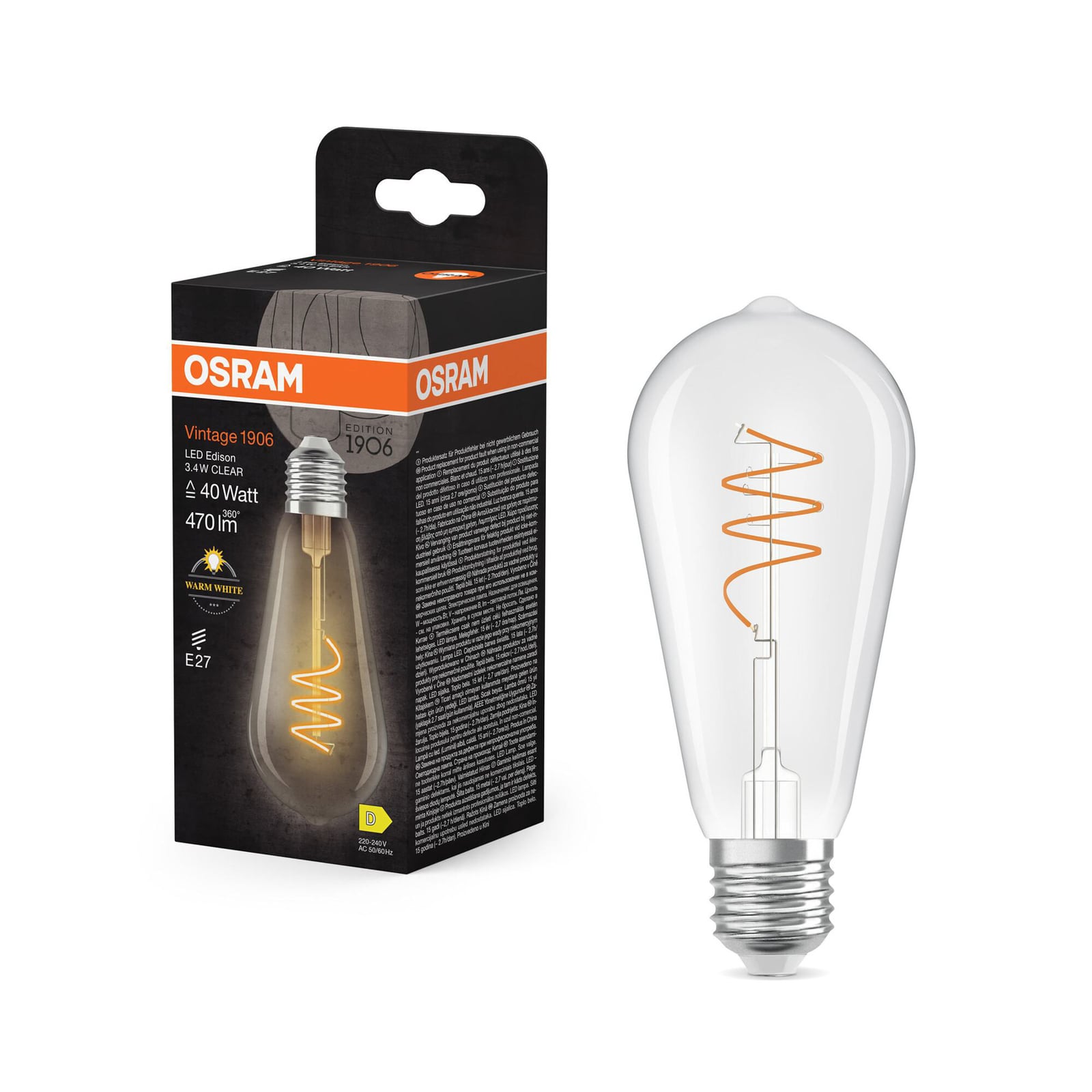 Detaljbilde av LED vintage filamentpære ST64 E27 3,4W 2700K klar OSRAM