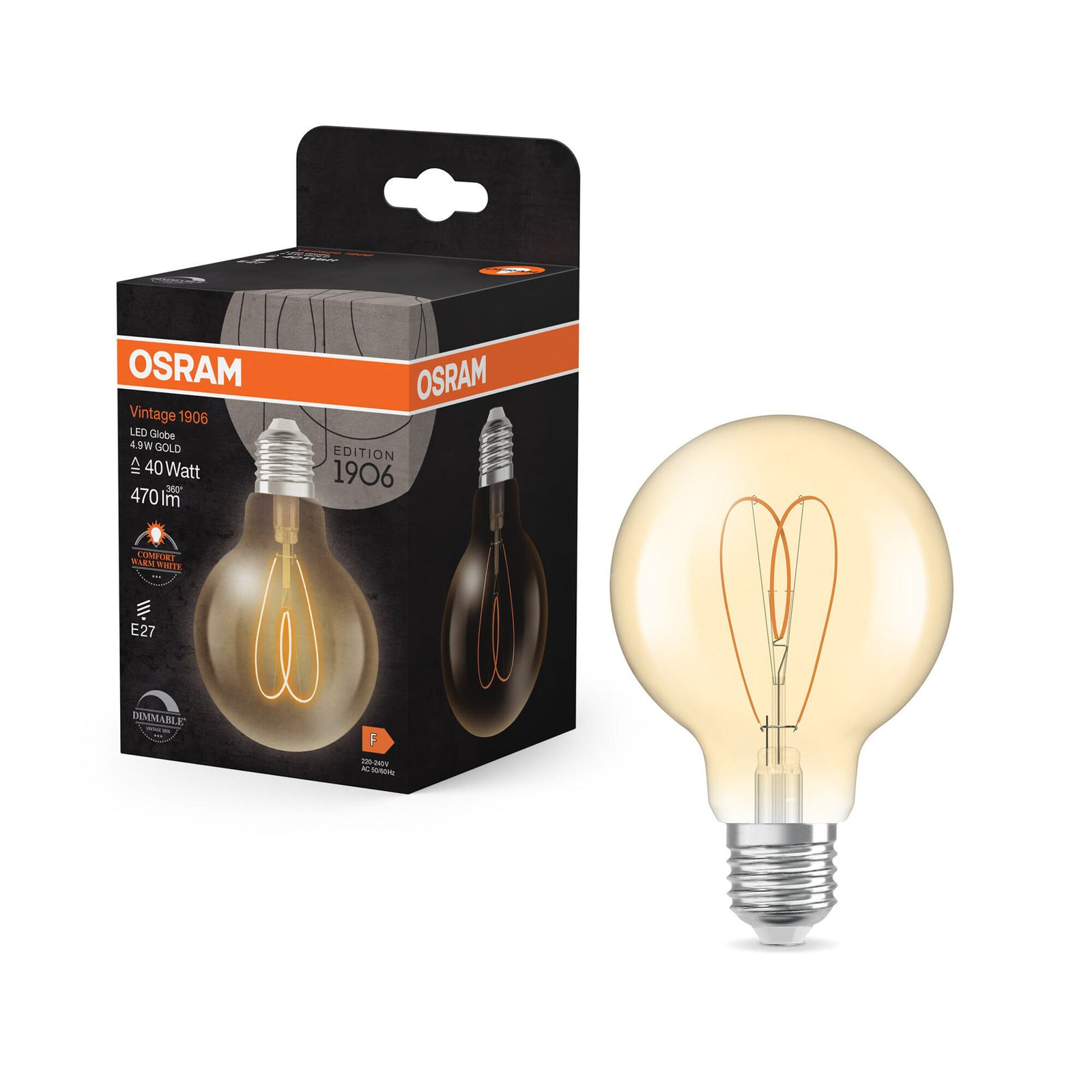 LED vintage globepære G80 E27 4,9W 2200K gull dimbar detalj nærbilde