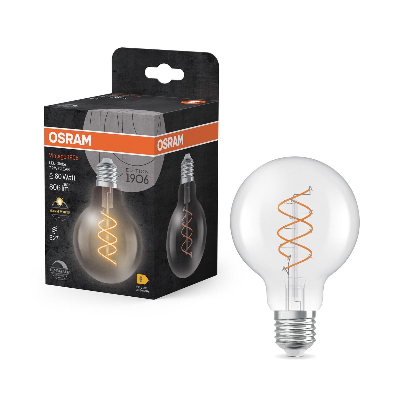 LED vintage globepære G80 E27 7,2W 2700K dimbar klar - OSRAM nærbilde