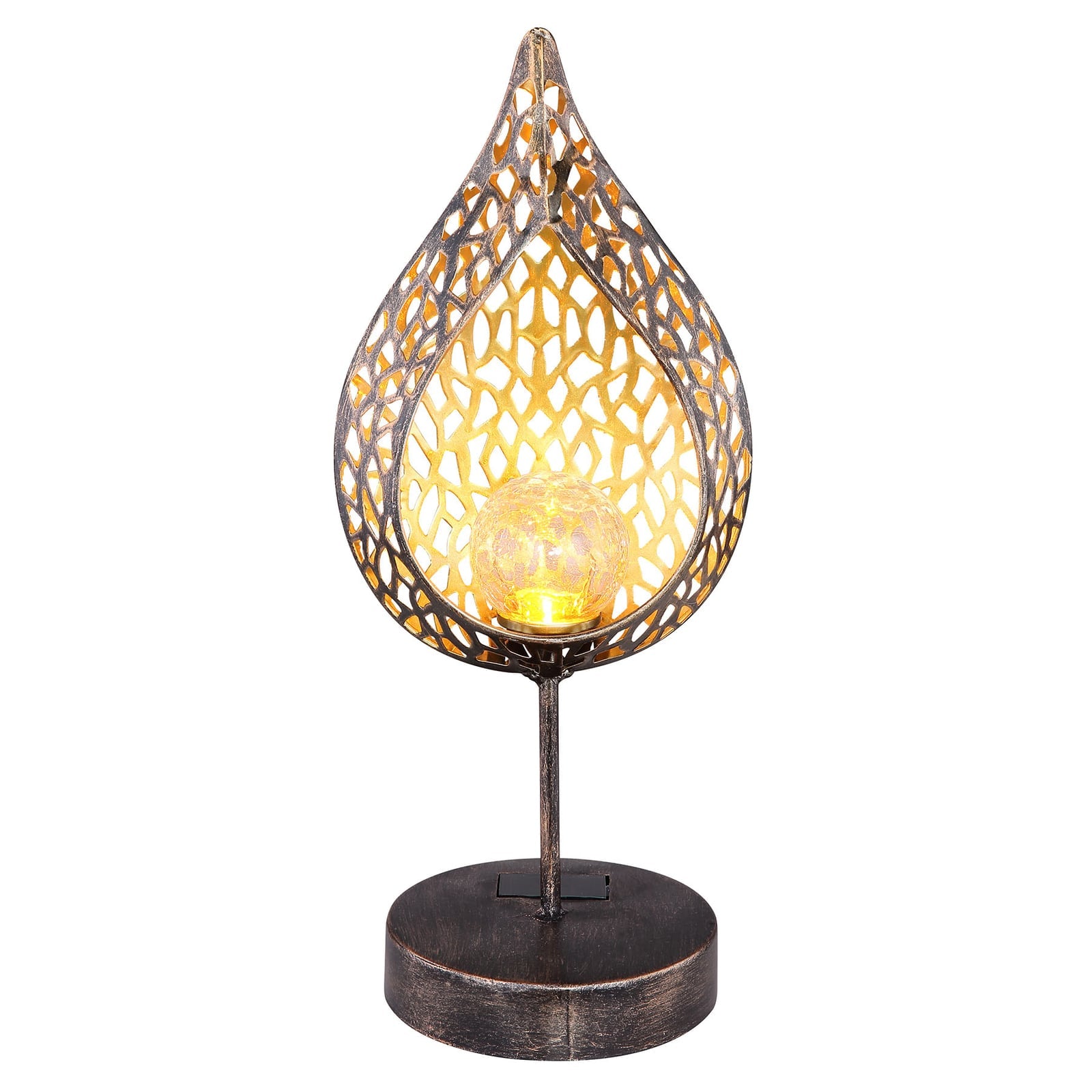 LED solcellelampe bladform metall og glass gull H35,5 cm lysdetalj