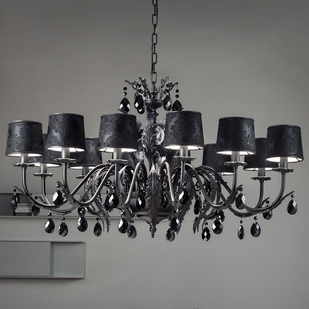 Lysekrone Acantia 12-lys svart damask med krystaller sett forfra