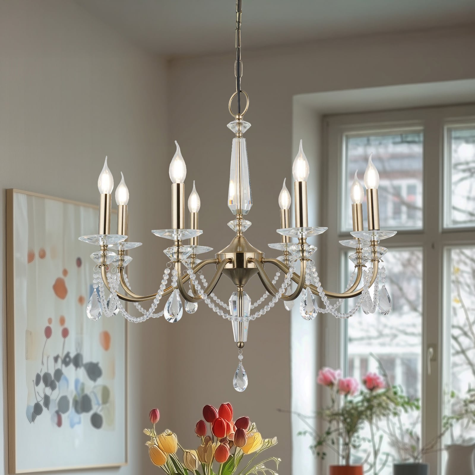 Lysekrone Adone 8-lys messing krystallglass Ø74 cm forfra