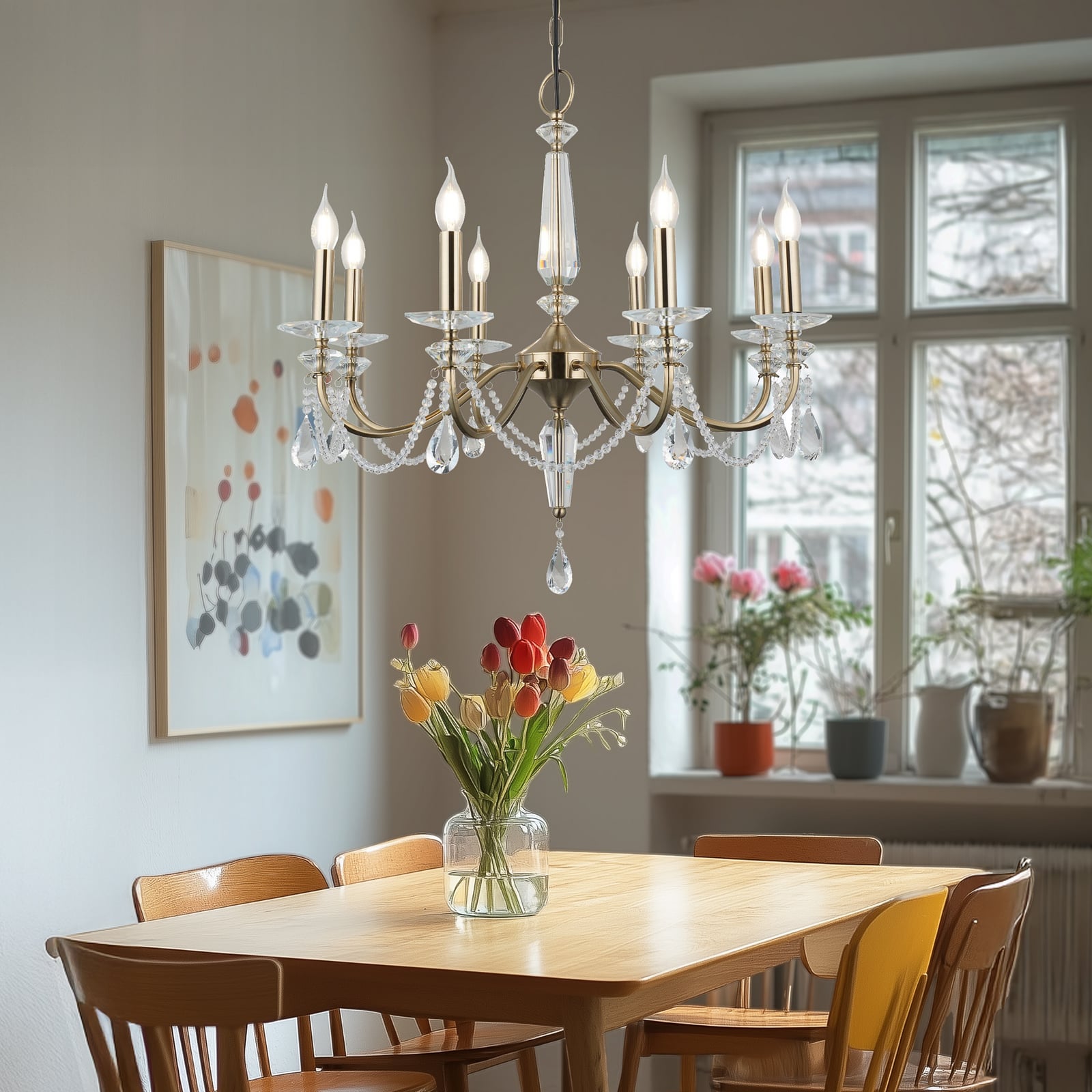 Lysekrone Adone 8-lys messing krystallglass detalj av krystaller
