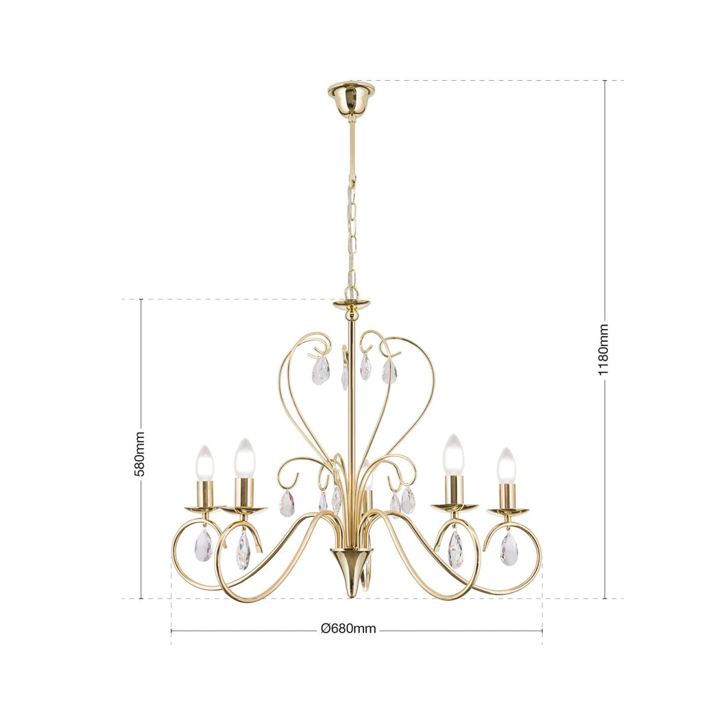 Lysekrone Alessia 5-lys krystallglass gull sideprofil