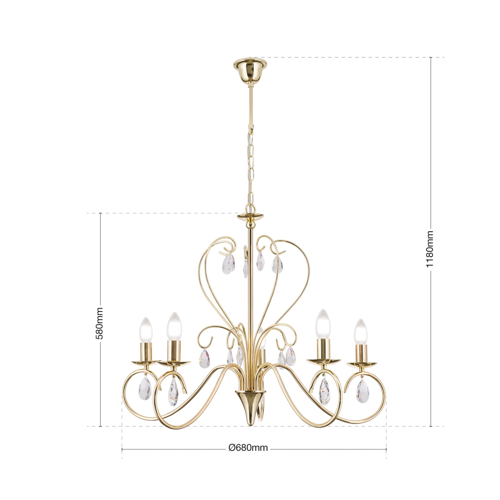 Lysekrone Alessia 5-lys krystallglass gull sideprofil