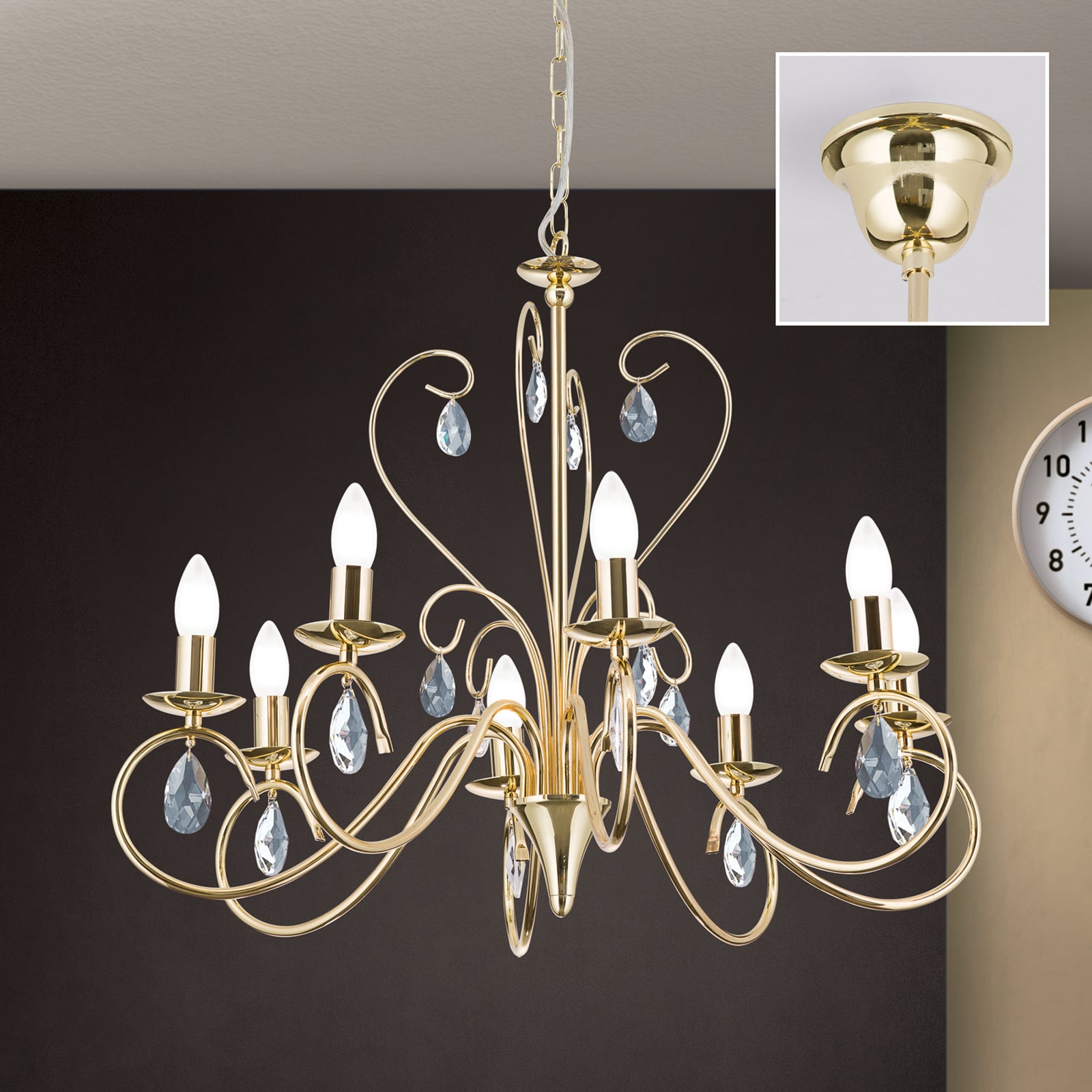 Lysekrone Alessia 8-armet krystallglass gull sideprofil