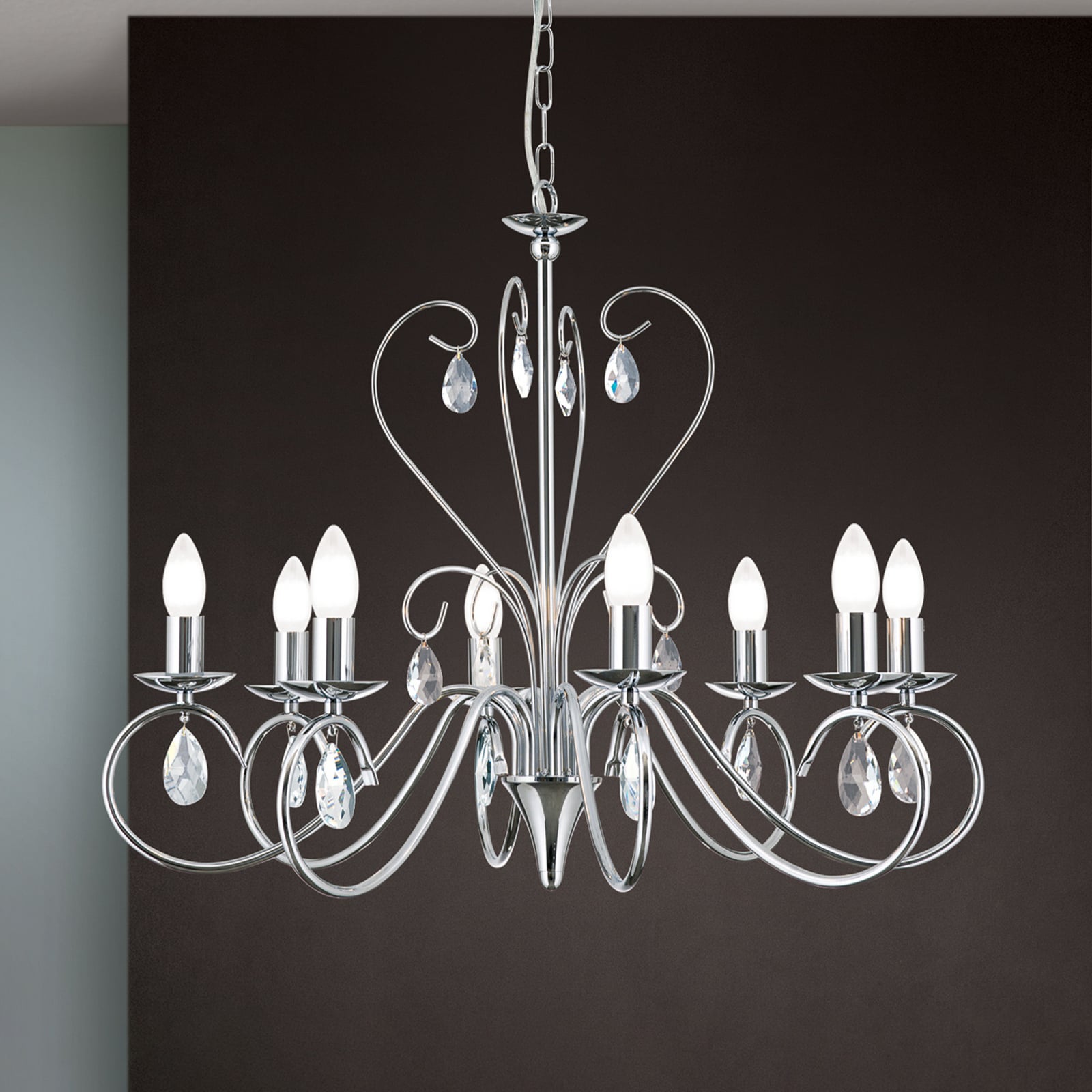 Lysekrone Alessia 8-armet krystallglass krom Ø68 cm forfra