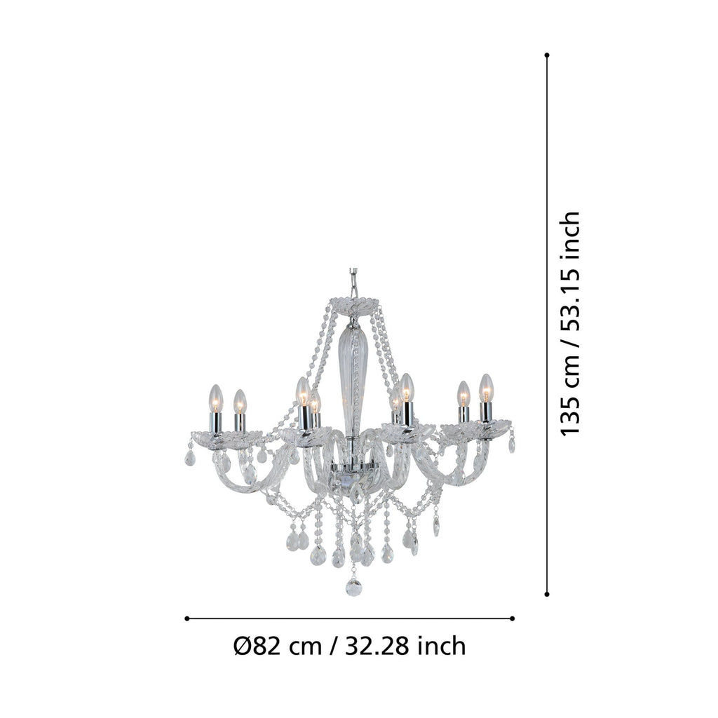 Detalj av Lysekrone Basilano 8-lys krom glass transparent