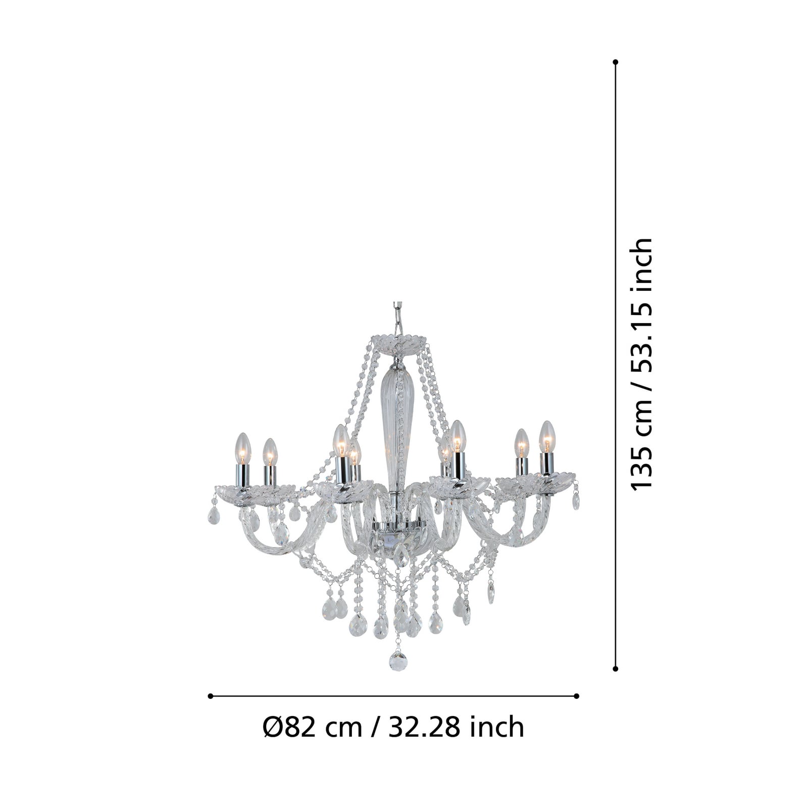 Detalj av Lysekrone Basilano 8-lys krom glass transparent