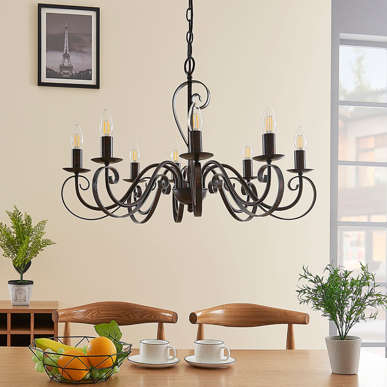 Lysekrone Caleb 8-lys rustfarget metall detalj