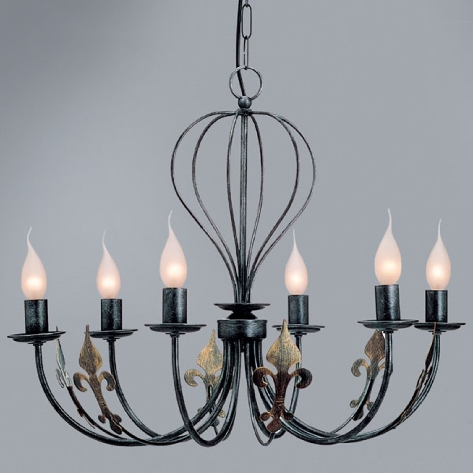 Lysekrone Castello 6-lys sølv-antikk metall Ø65 cm dimbar forfra