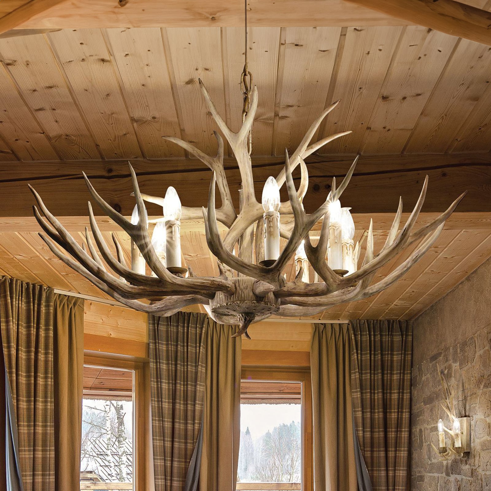 Lysekrone Chalet 8-lys gevir-design beige sett forfra