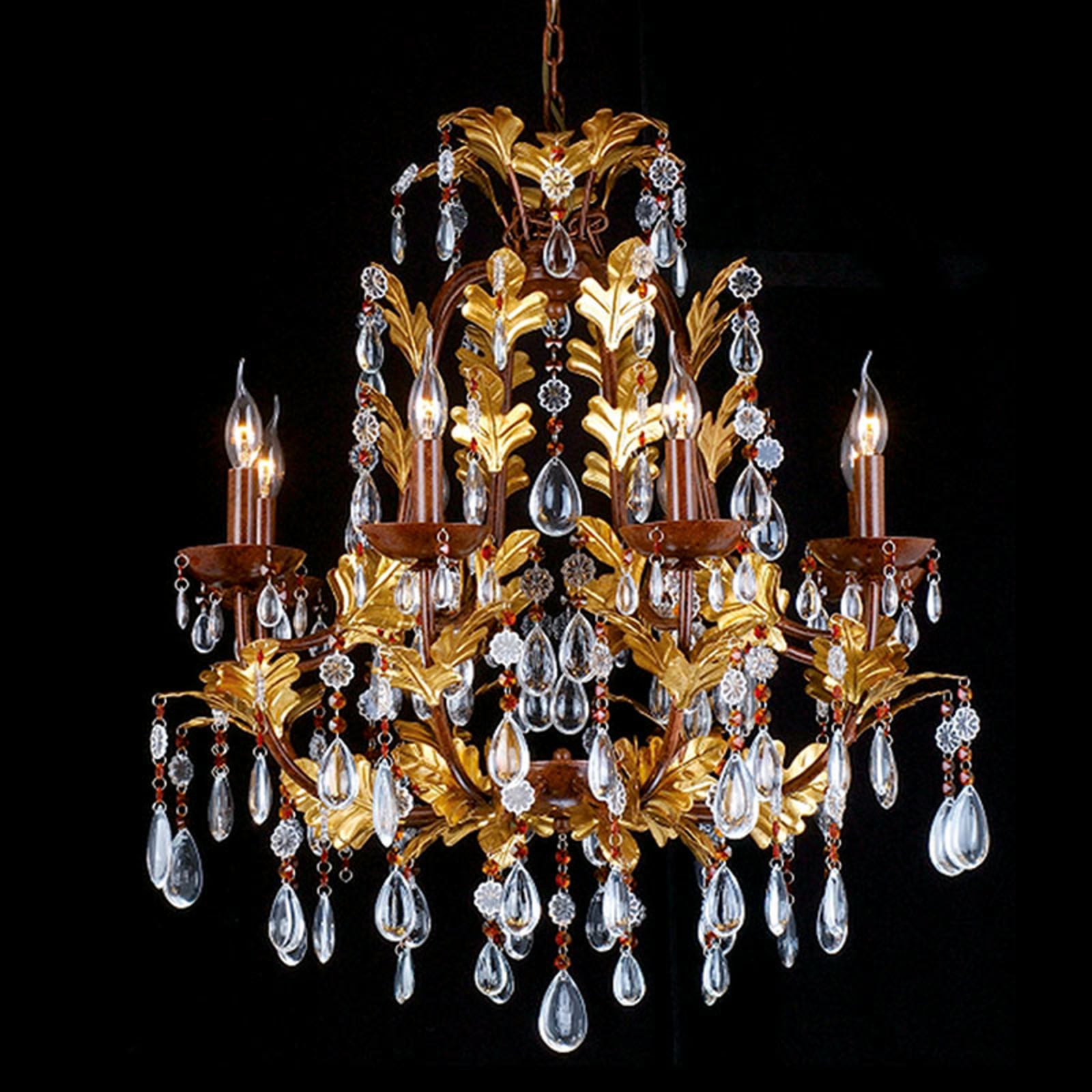 Lysekrone CR12 8-lys gull/brun med glassbeheng Ø75 cm fra Clayre&Eef