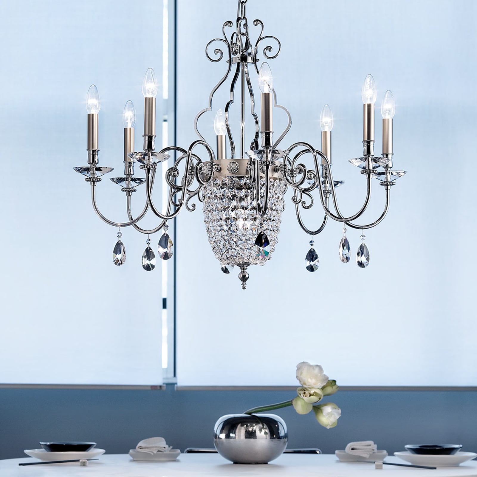 Lysekrone Elegantia 8-lys krom matt nikkel glass bakside