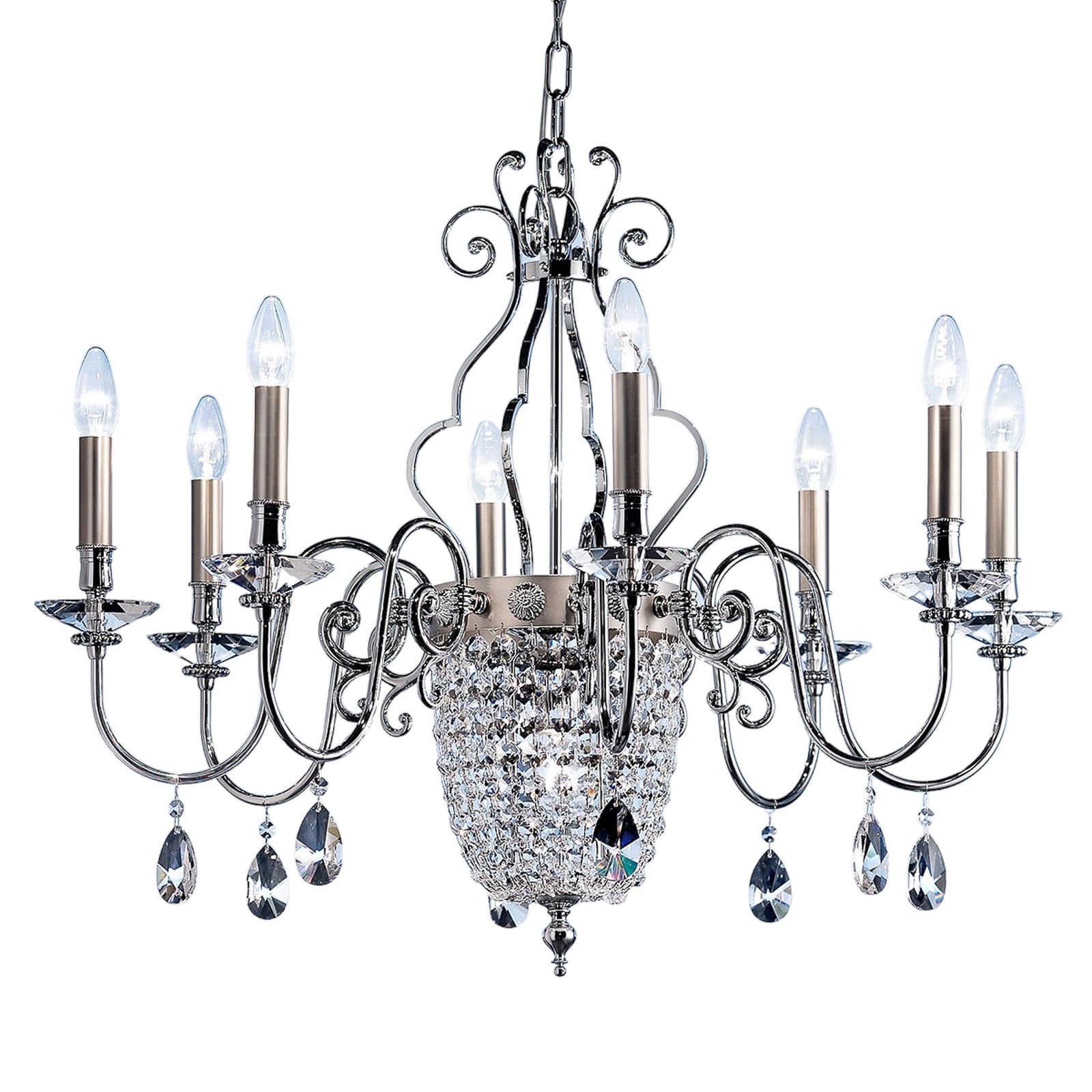 Detalj av Lysekrone Elegantia 8-lys krom matt nikkel glass