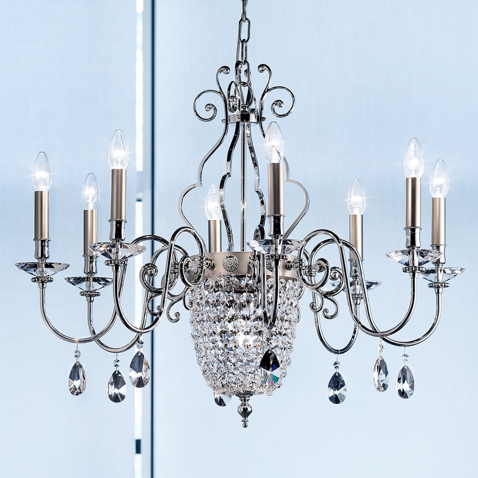 Lysekrone Elegantia 8-lys krom matt nikkel glass forfra