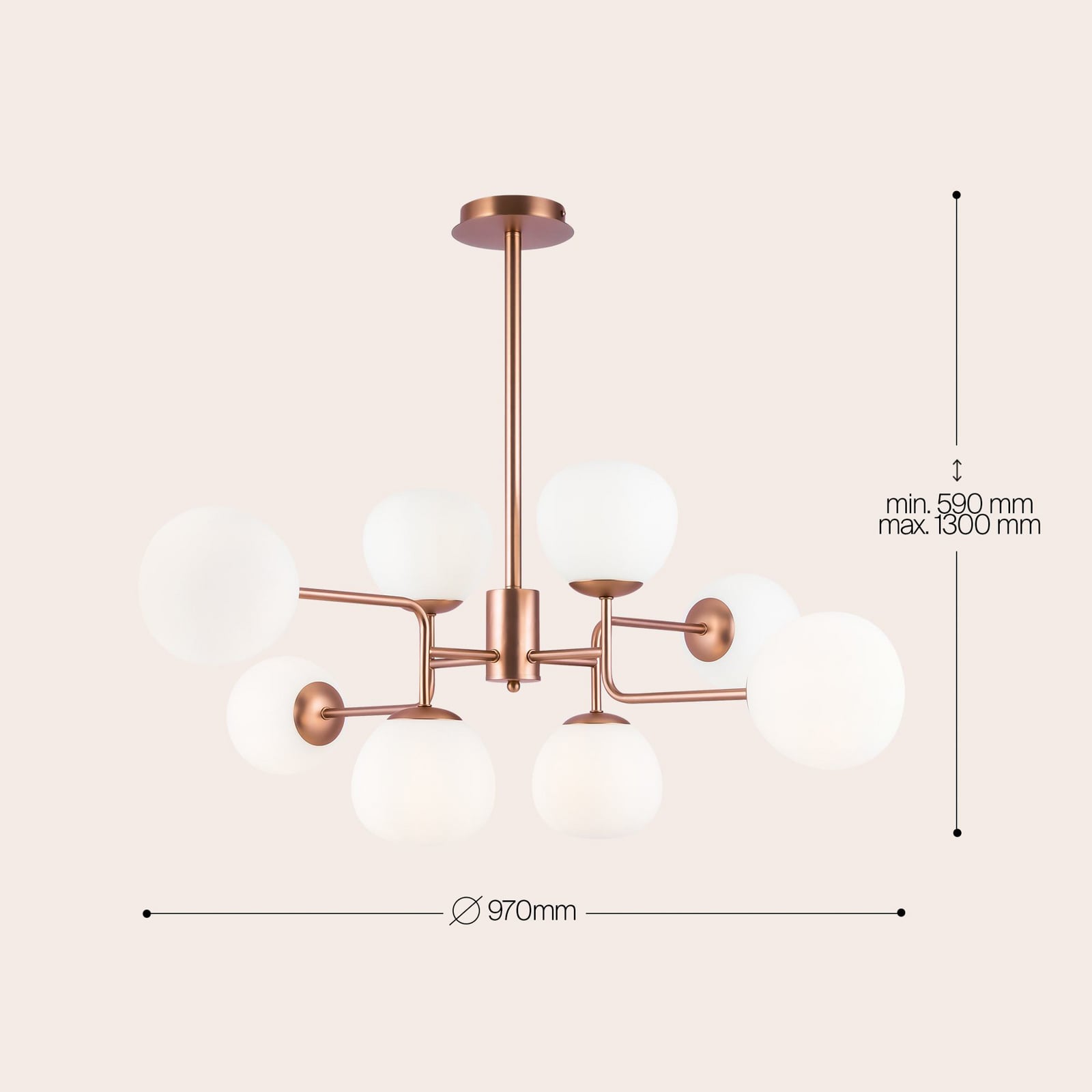 Lysekrone Erich 8-armet messing rosé glass/metall bakside