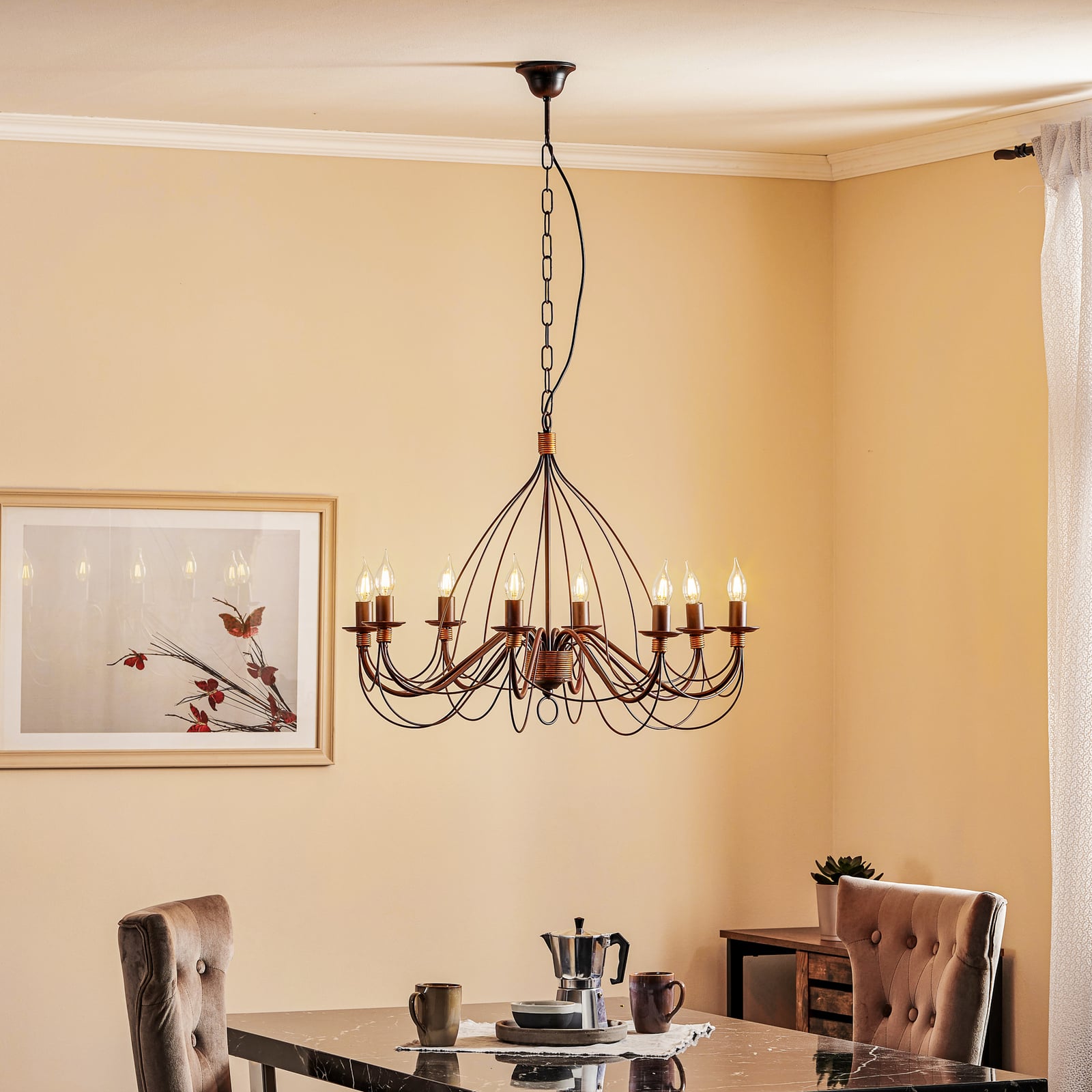Lysekrone Fiamma Marrone 8-armet jern dimbar Ø78 cm bakside