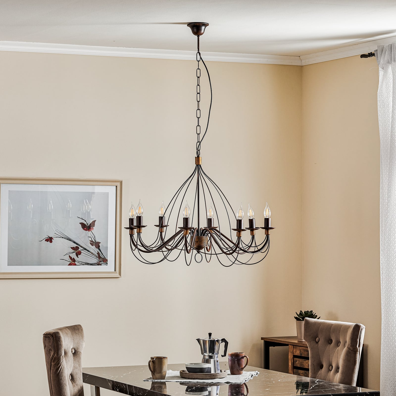 Lysekrone Fiamma Marrone 8-armet jern dimbar Ø78 cm detalj av armer