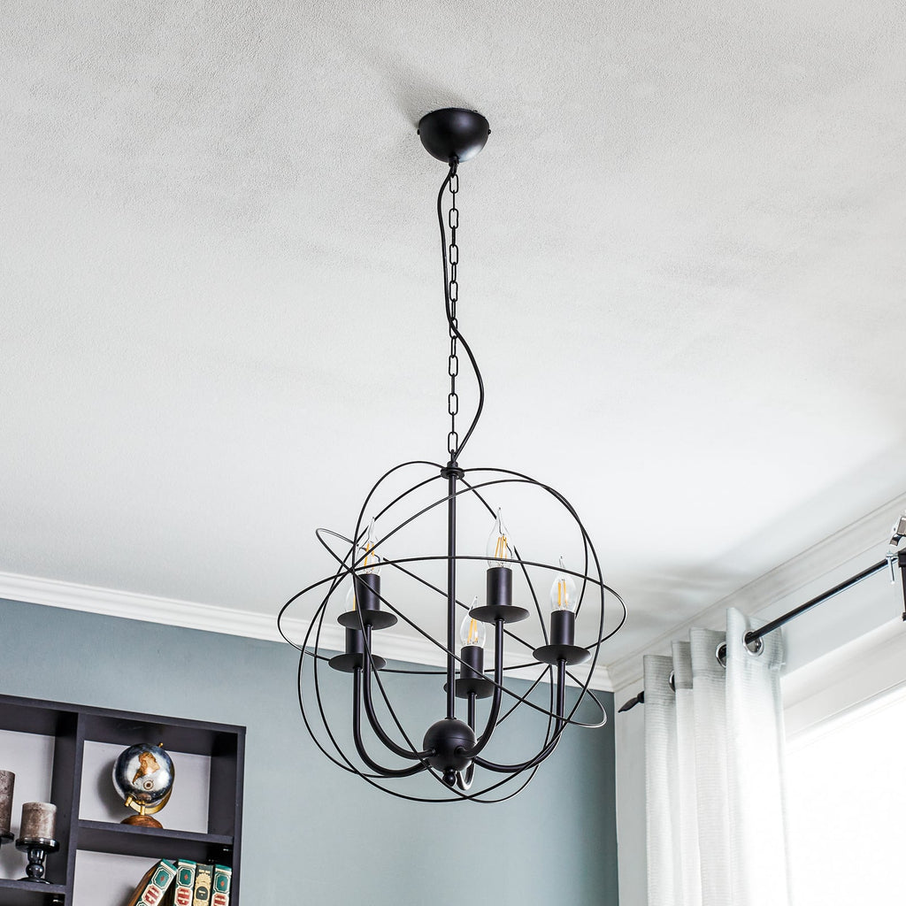 Detalj av Lysekrone Globe 5-lys dimbar svart metall Ø40 cm