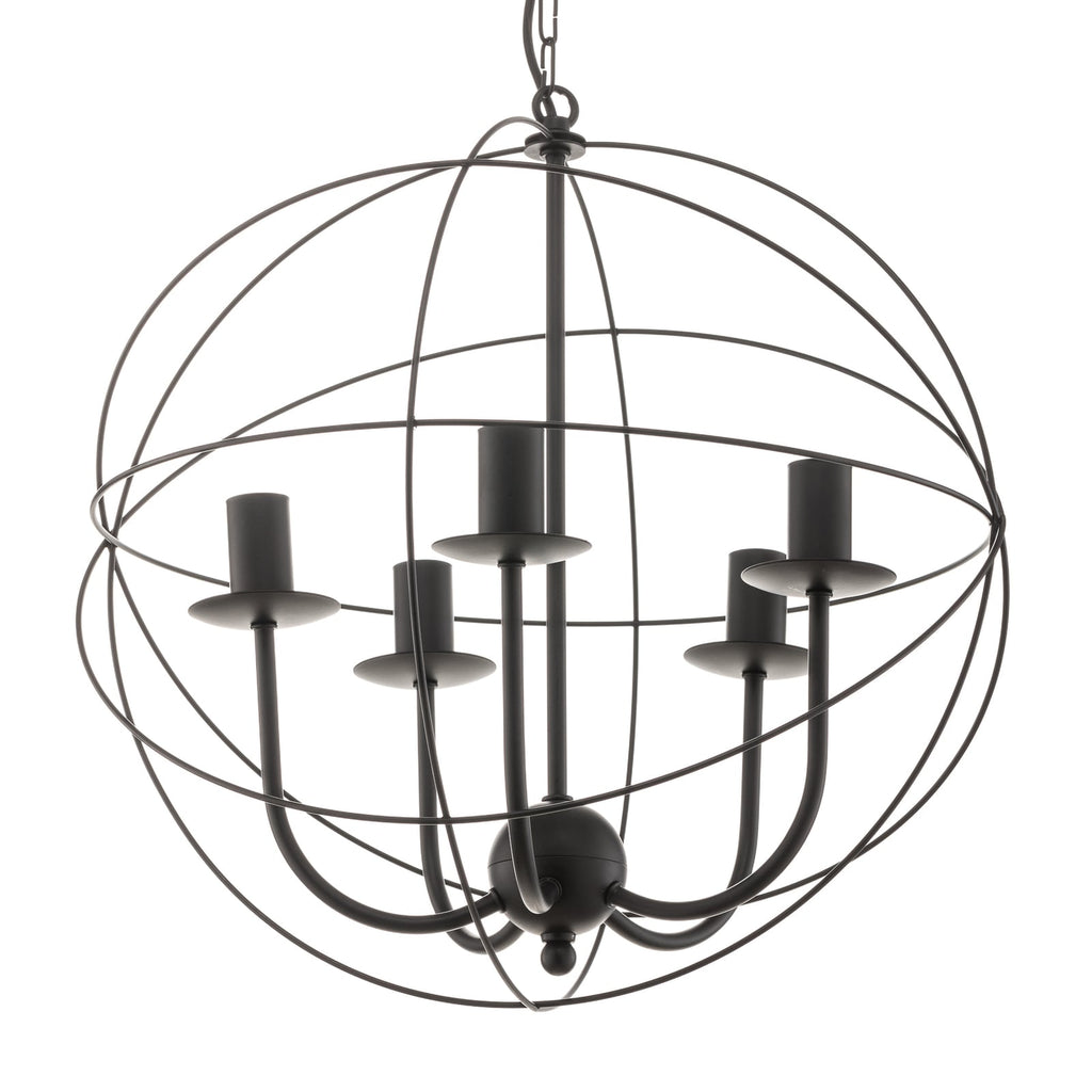 Sidevisning av Lysekrone Globe 5-lys dimbar svart metall Ø40 cm
