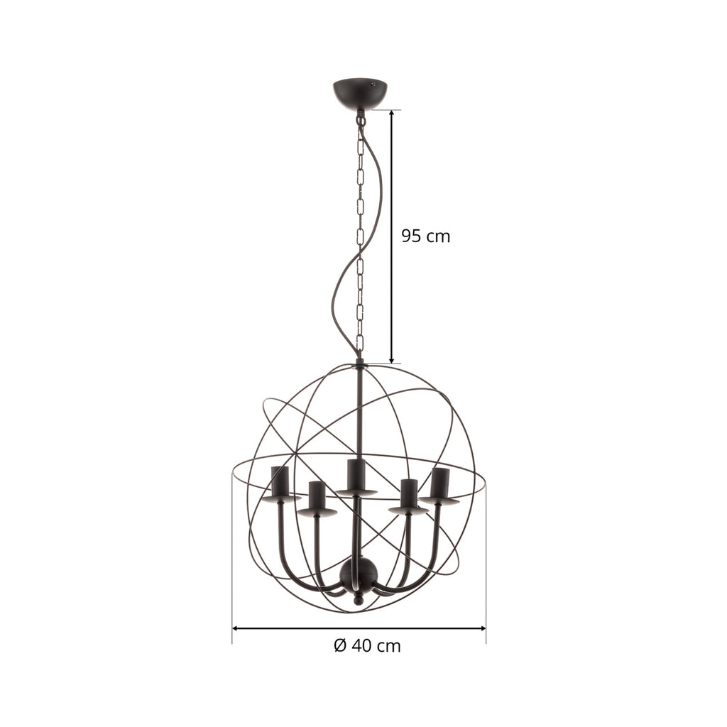 Lysekrone Globe 5-lys dimbar svart metall Ø40 cm hengende fra taket