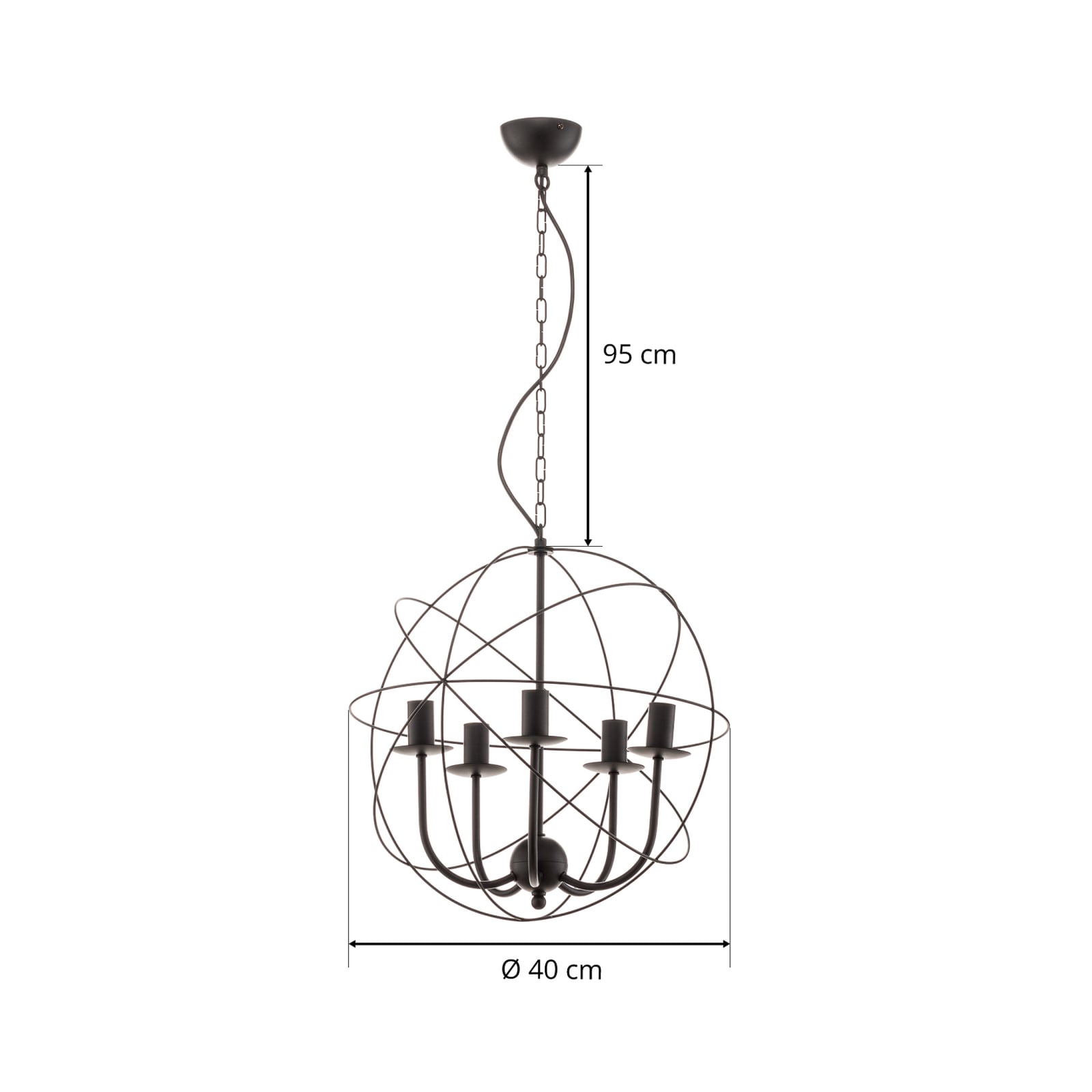 Lysekrone Globe 5-lys dimbar svart metall Ø40 cm hengende fra taket