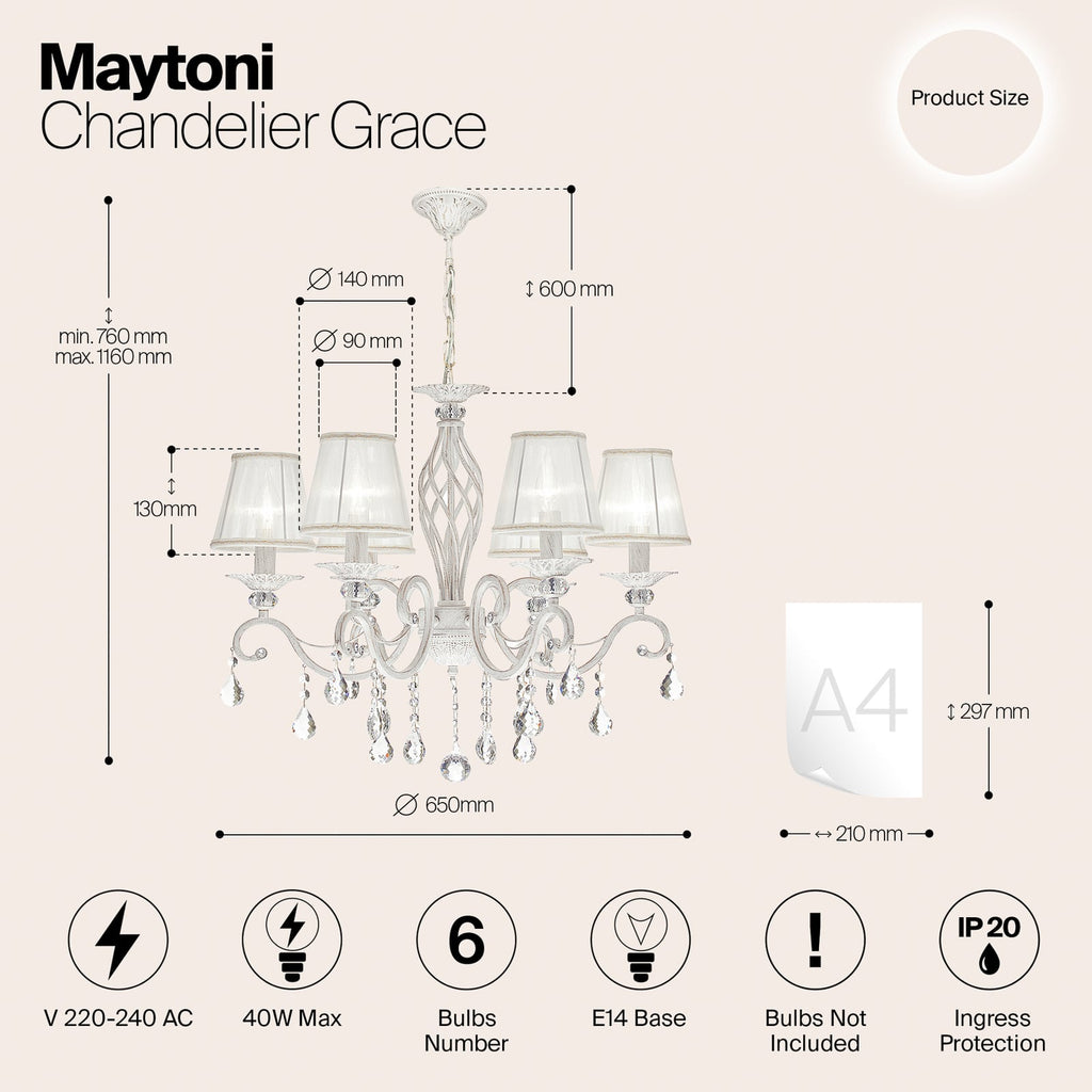Nærbilde av metall og organza materiale på Lysekrone Grace 6-lys organza hvit Ø65 cm dimbar E14