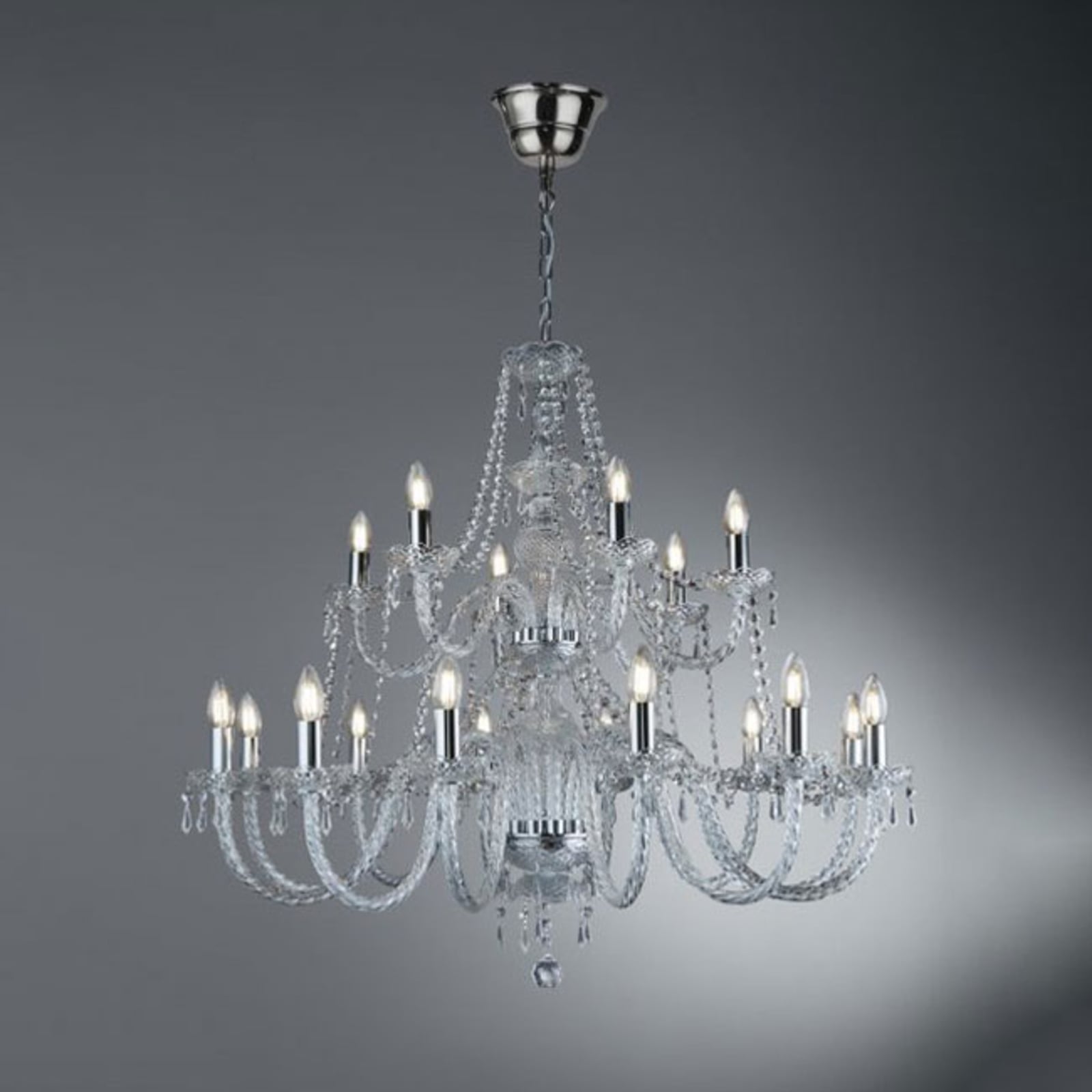 Lysekrone Hale 18-lys krystallglass krom Ø100 cm detalj