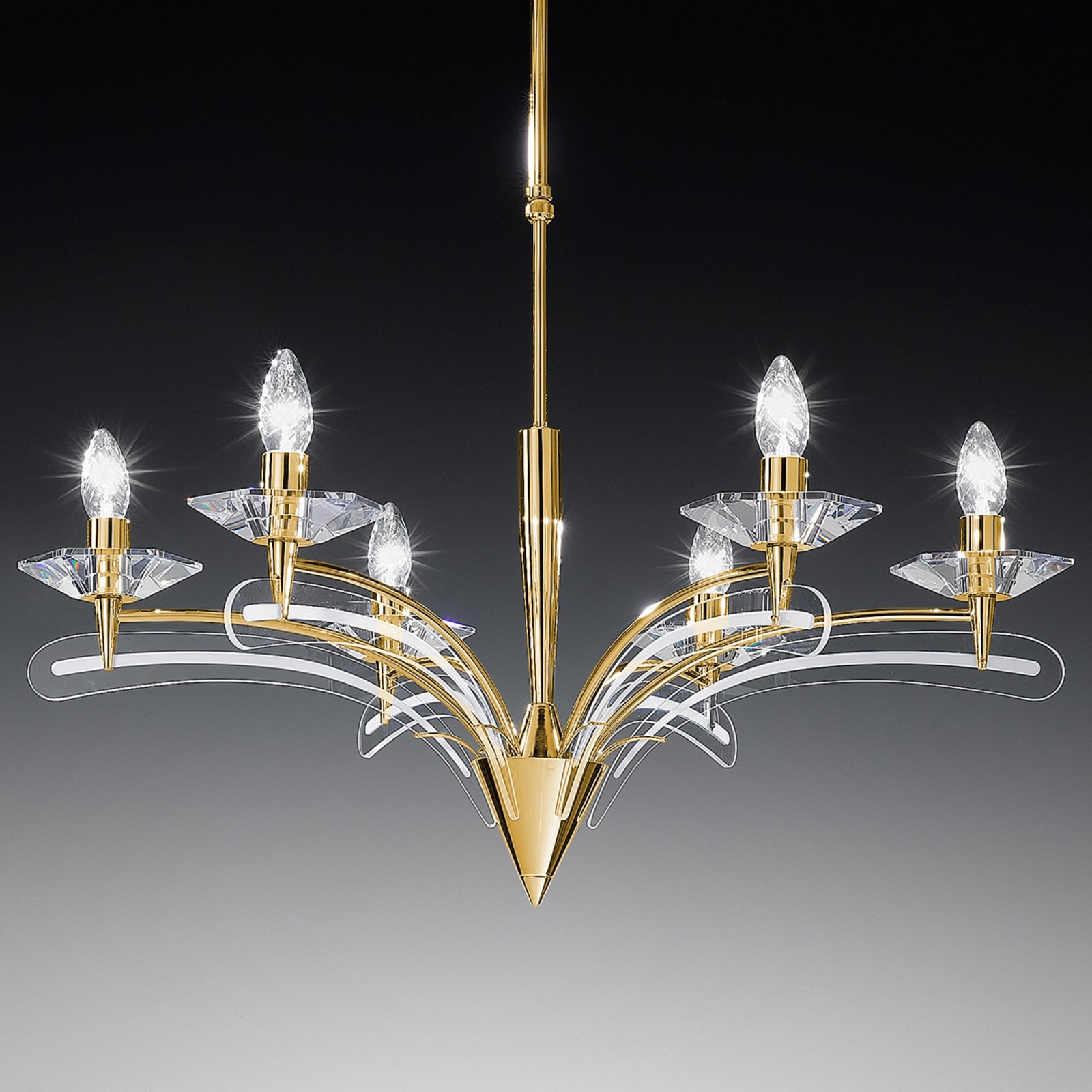Lysekrone ICARO 6-lys krystallglass gull dimbar Ø70 cm forfra