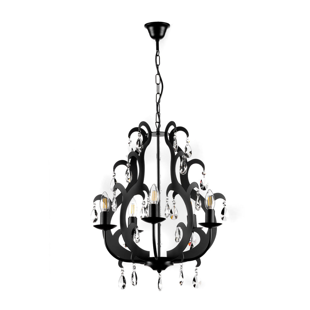 Lysekrone Jane 5-lys svart metall med krystall forfra