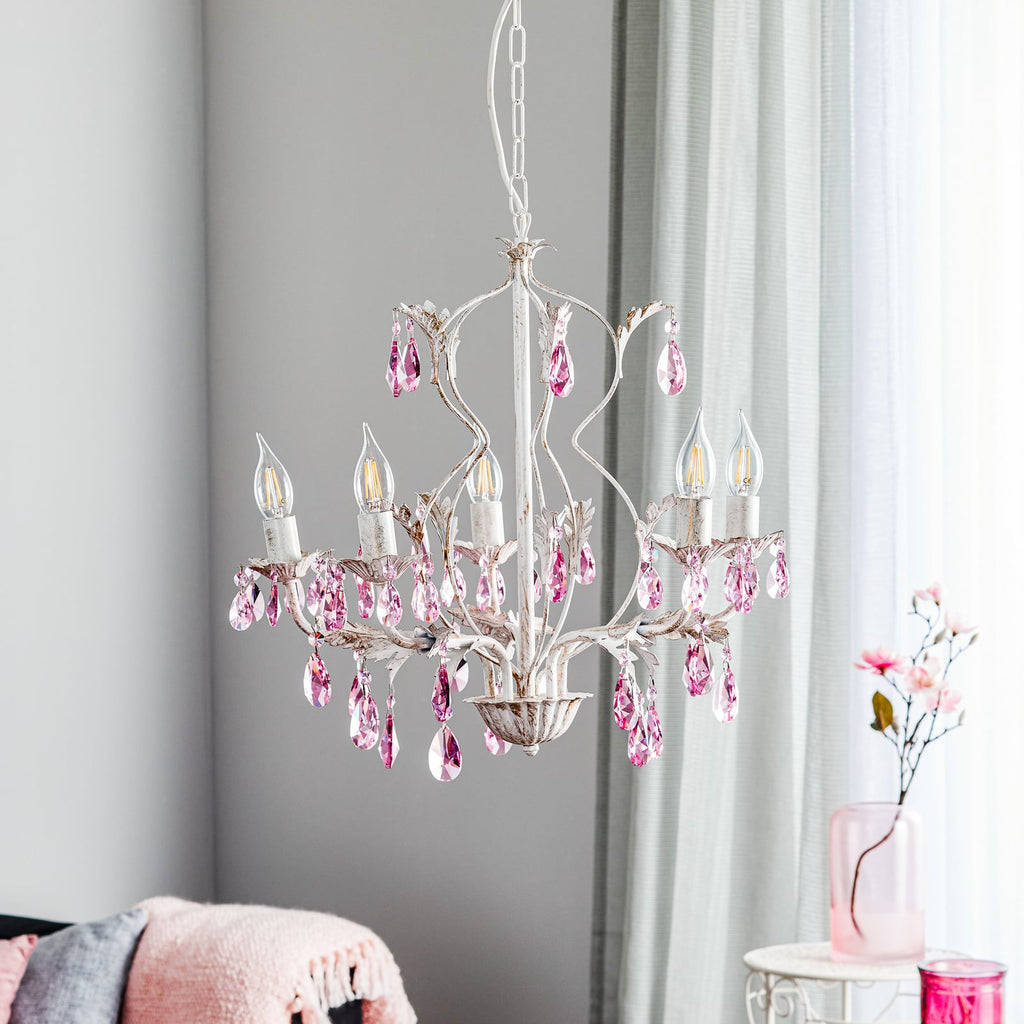 Detalj av krystallglass på Lysekrone Kate 5-armet hvit med rosé krystaller
