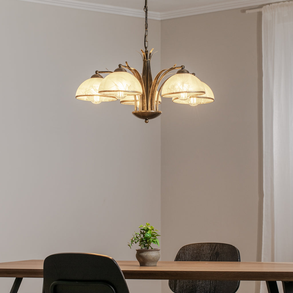 Lysekrone Korfu 5-lys gullfarget antikk glass bakside