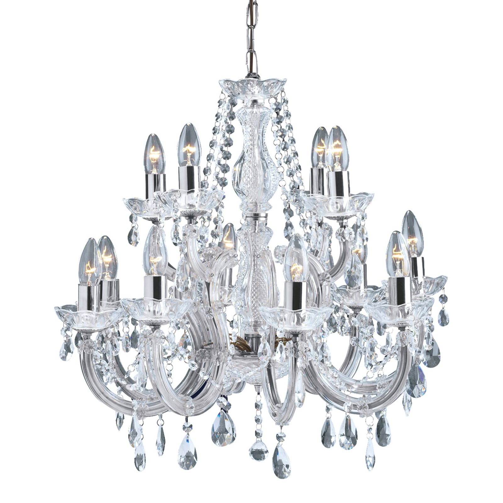 Lysekrone Marie Therese 12-armet krom akrylglass bakside