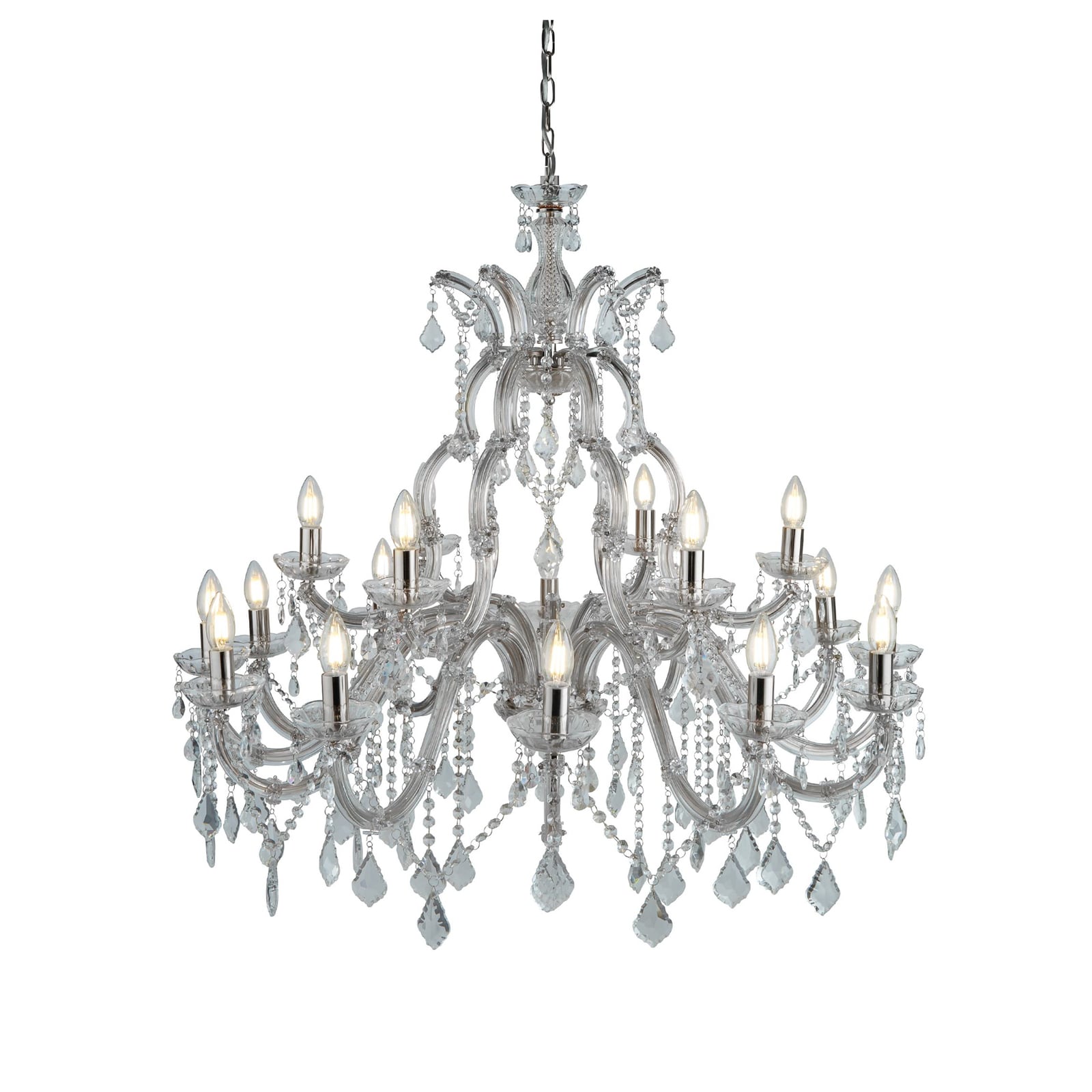 Lysekrone Marie Therese 18-lys krystallglass krom Ø98 cm forfra