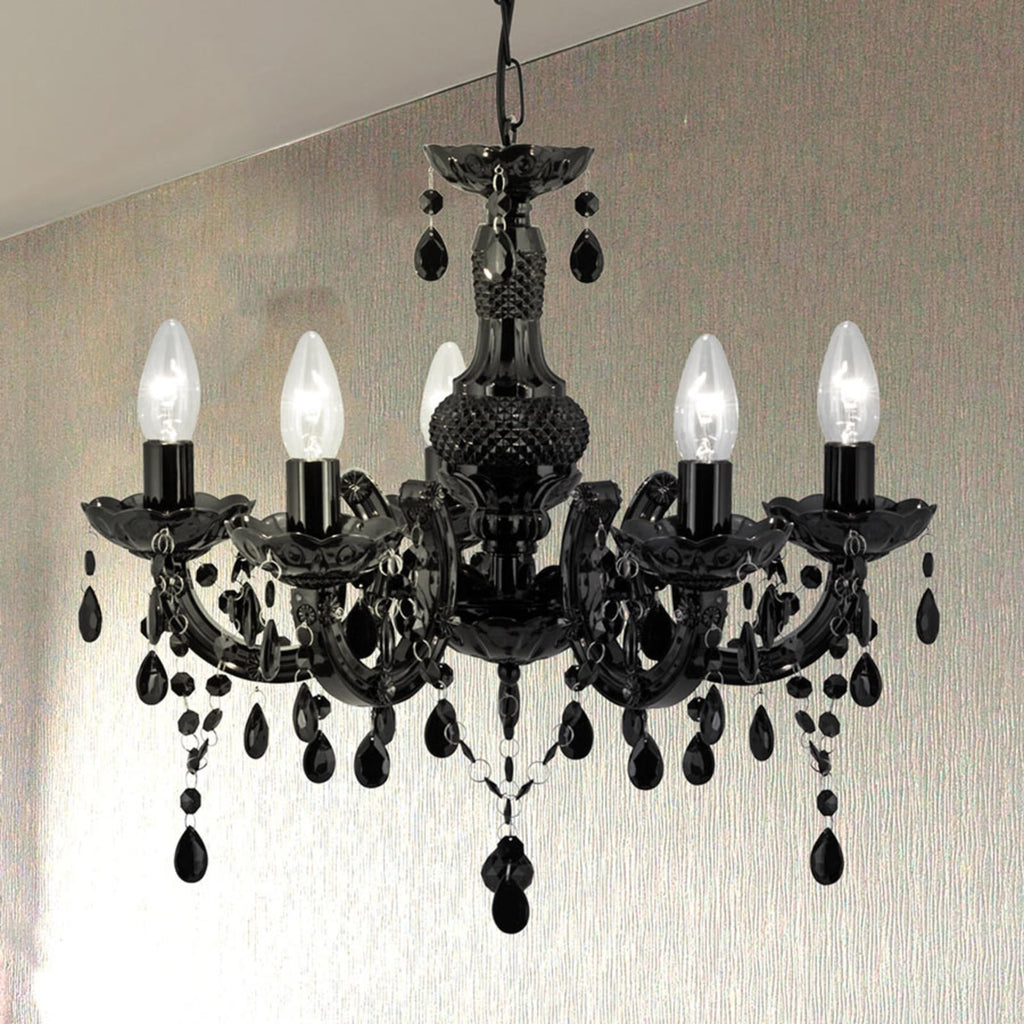 Lysekrone Marie Therese 5-armet svart glass Ø48 cm forfra