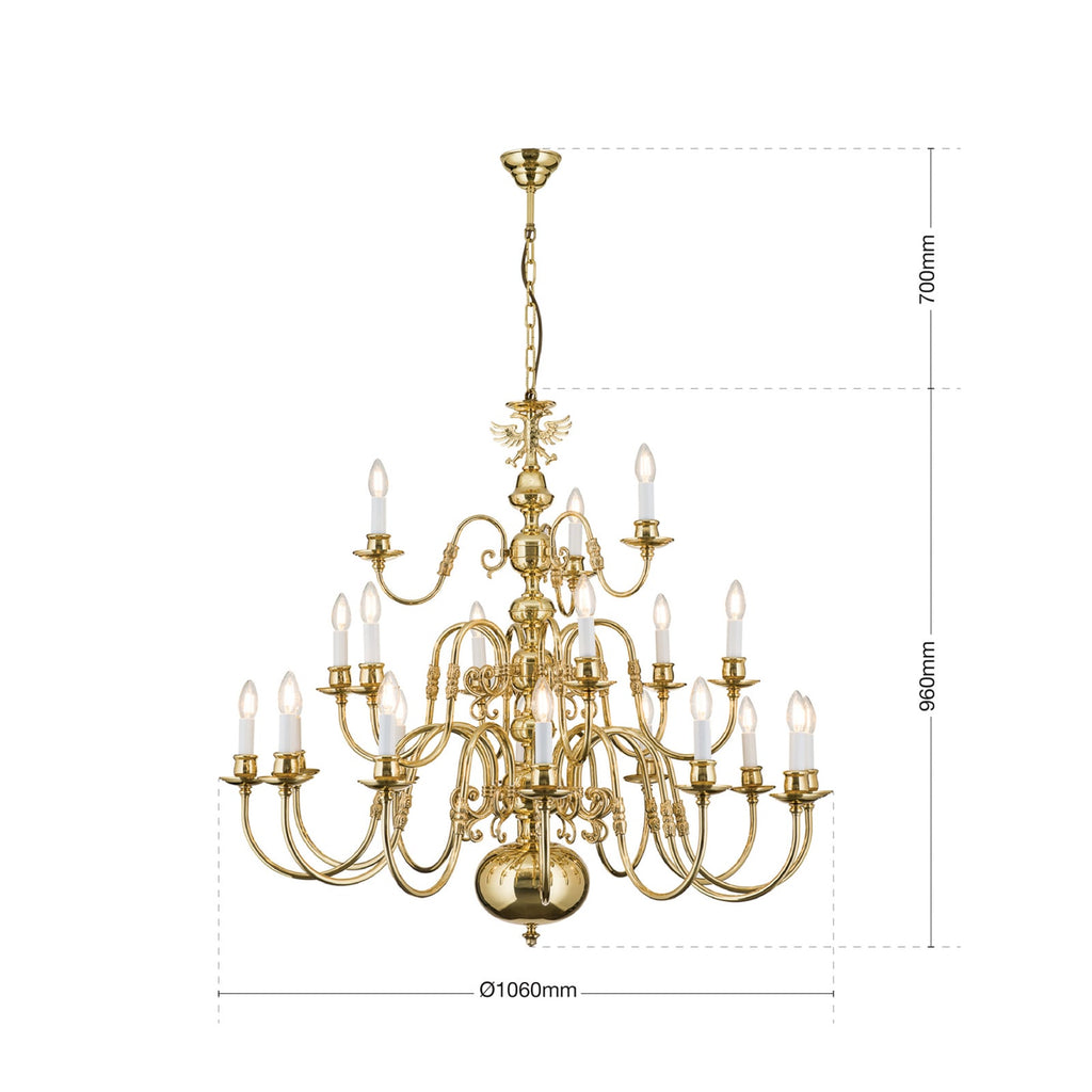 Lysekrone Maximilian flamsk 21-lys messing Ø106 cm montert i rom