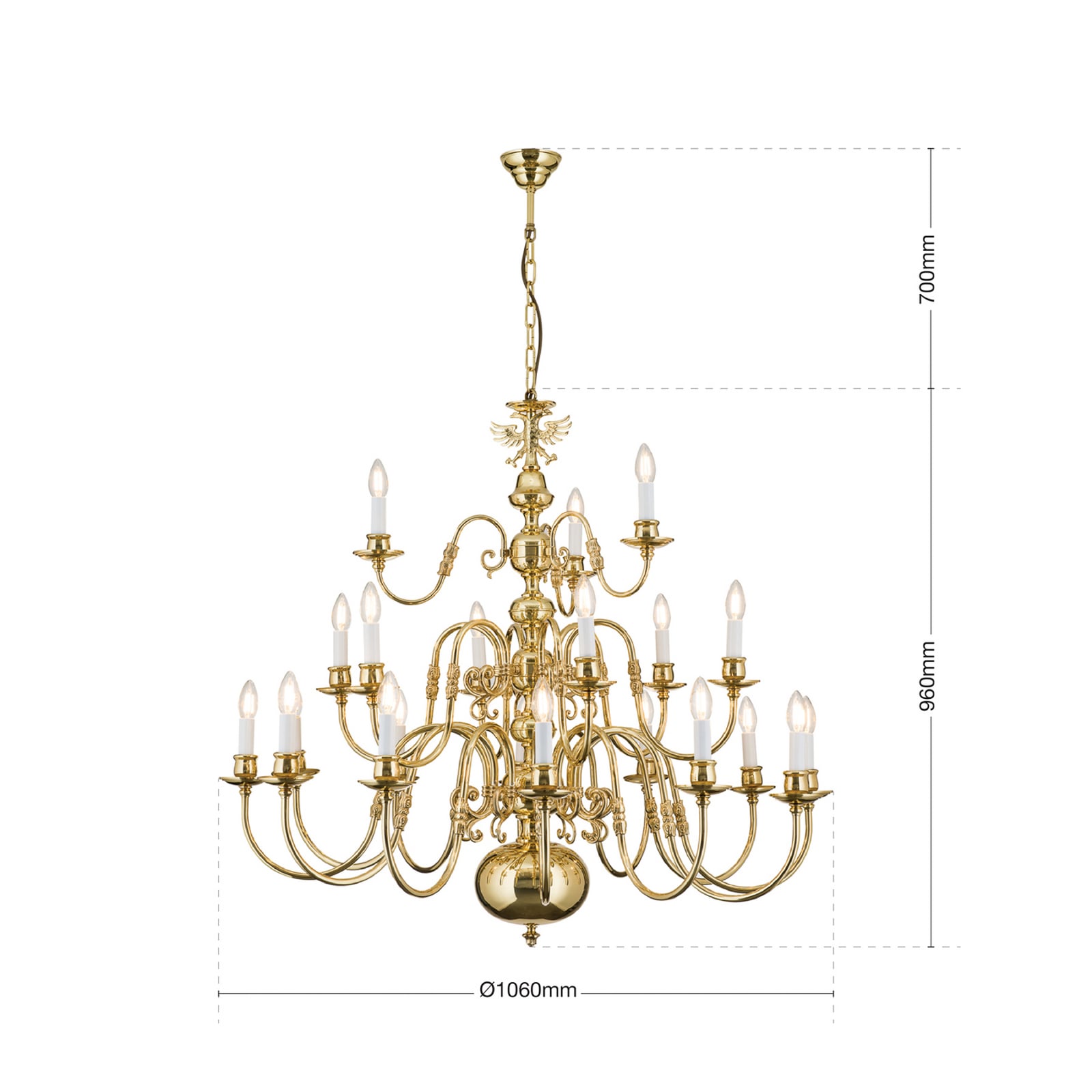 Lysekrone Maximilian flamsk 21-lys messing Ø106 cm montert i rom